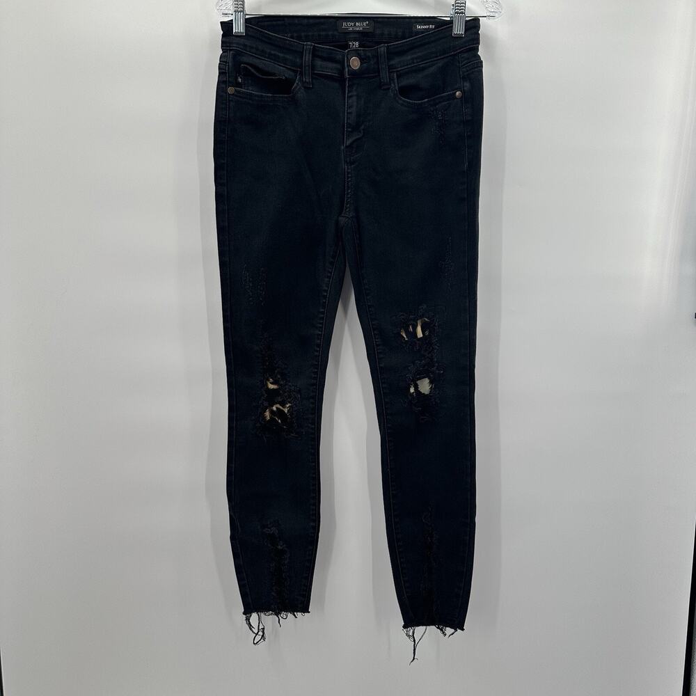 Judy Blue Jeans Womens 28 Black Skinny Comfort Animal Print Patch Stretch Frayed